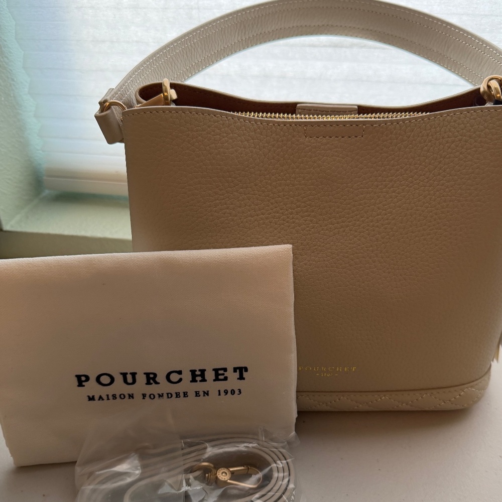 NWT Pourchet (Paris) Small Beige Bucket Leather Shoulder Bag